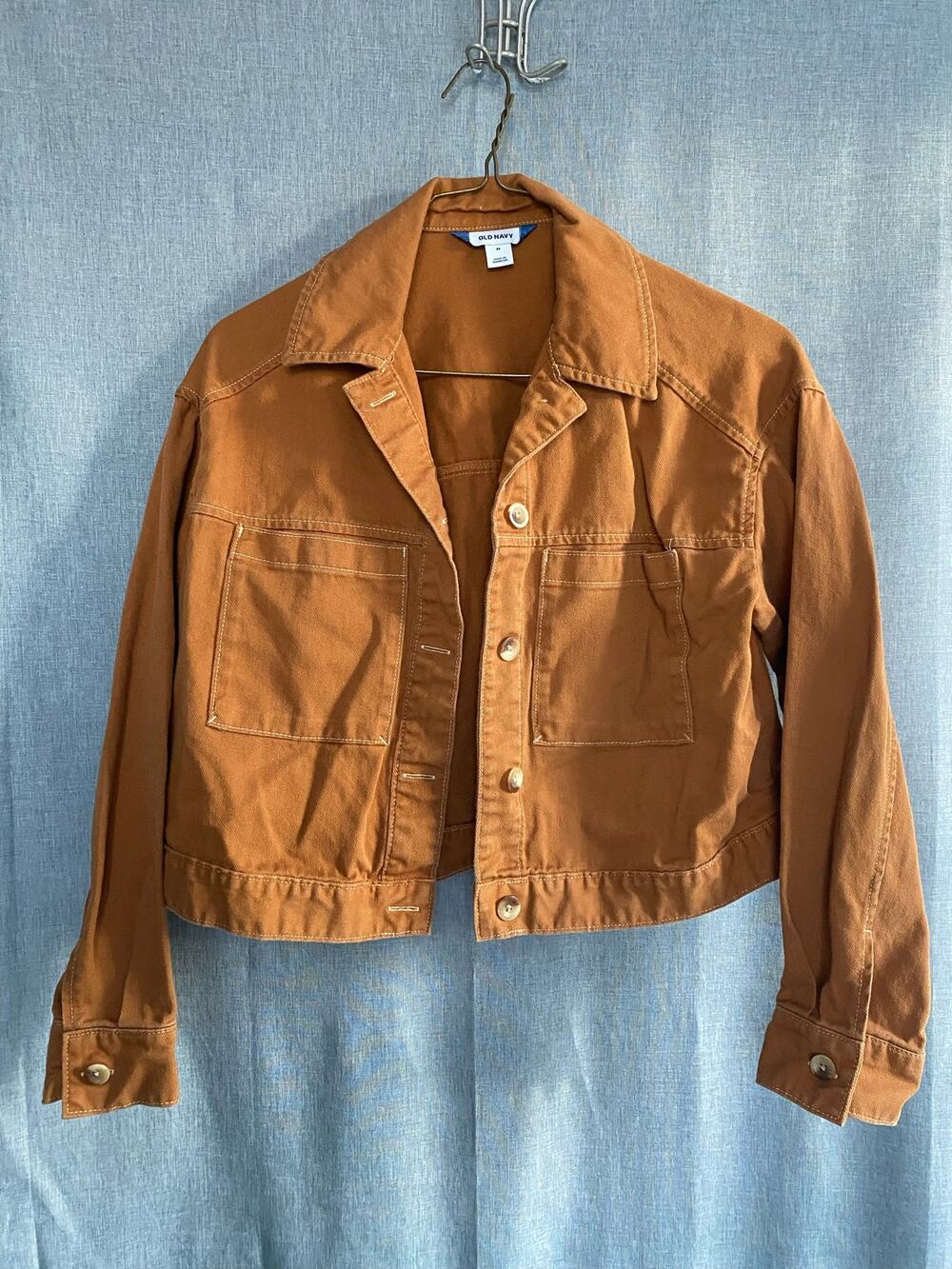 Old Navy Cropped Utility Jacket Medium Brown Cognac Canvas Button Front